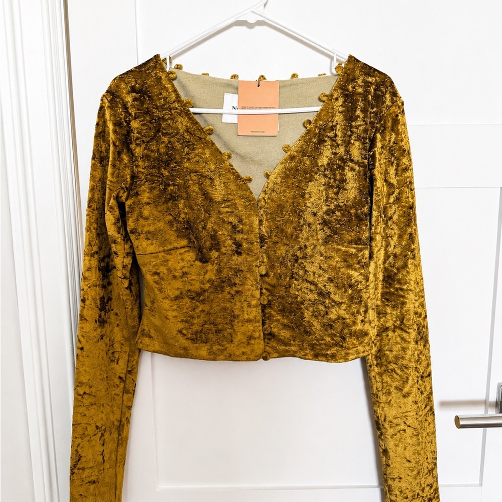 Nanushka RARE Mustard Gold Crushed Velvet Button-Front Top